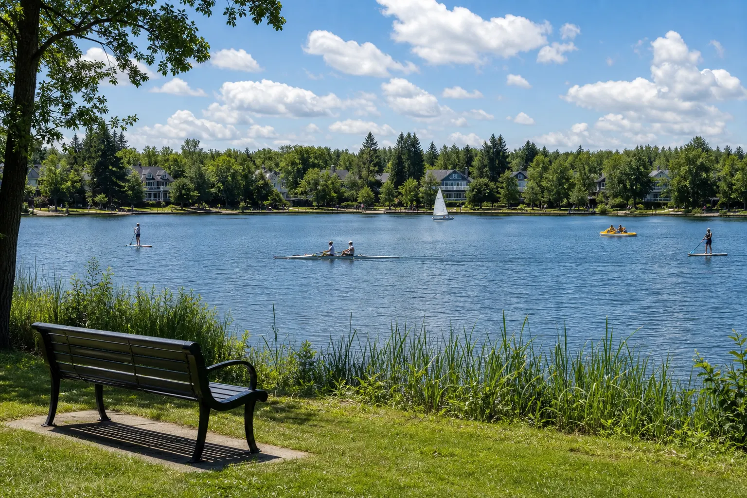 Illustration looking across a round urban lake from a grassy shoreline with a park bench, rowers, paddleboarders and a small sailing dinghy on the water, and two-storey houses showing through the trees on the far shore