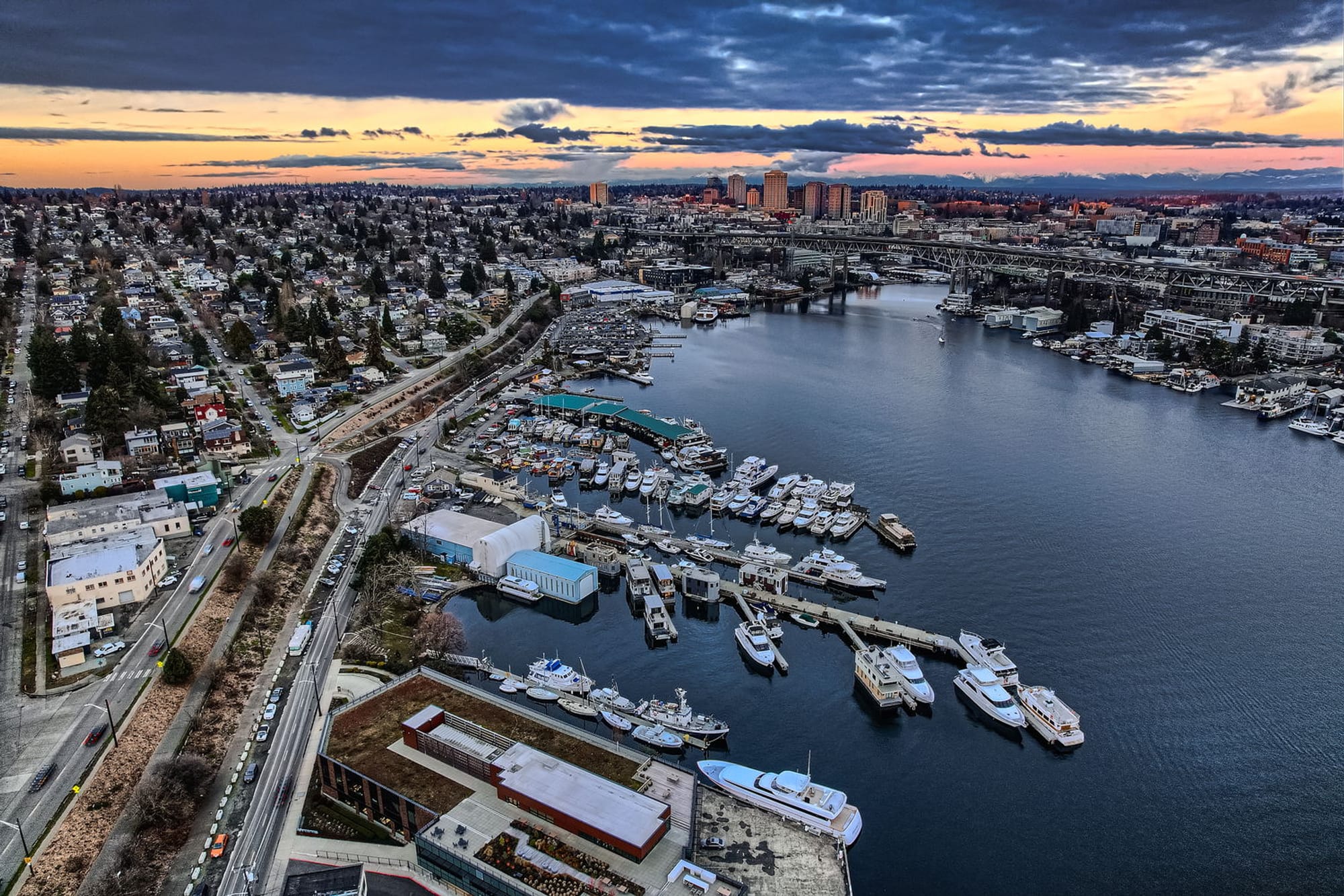 Lake Union shoreline and water under golden light in Seattle