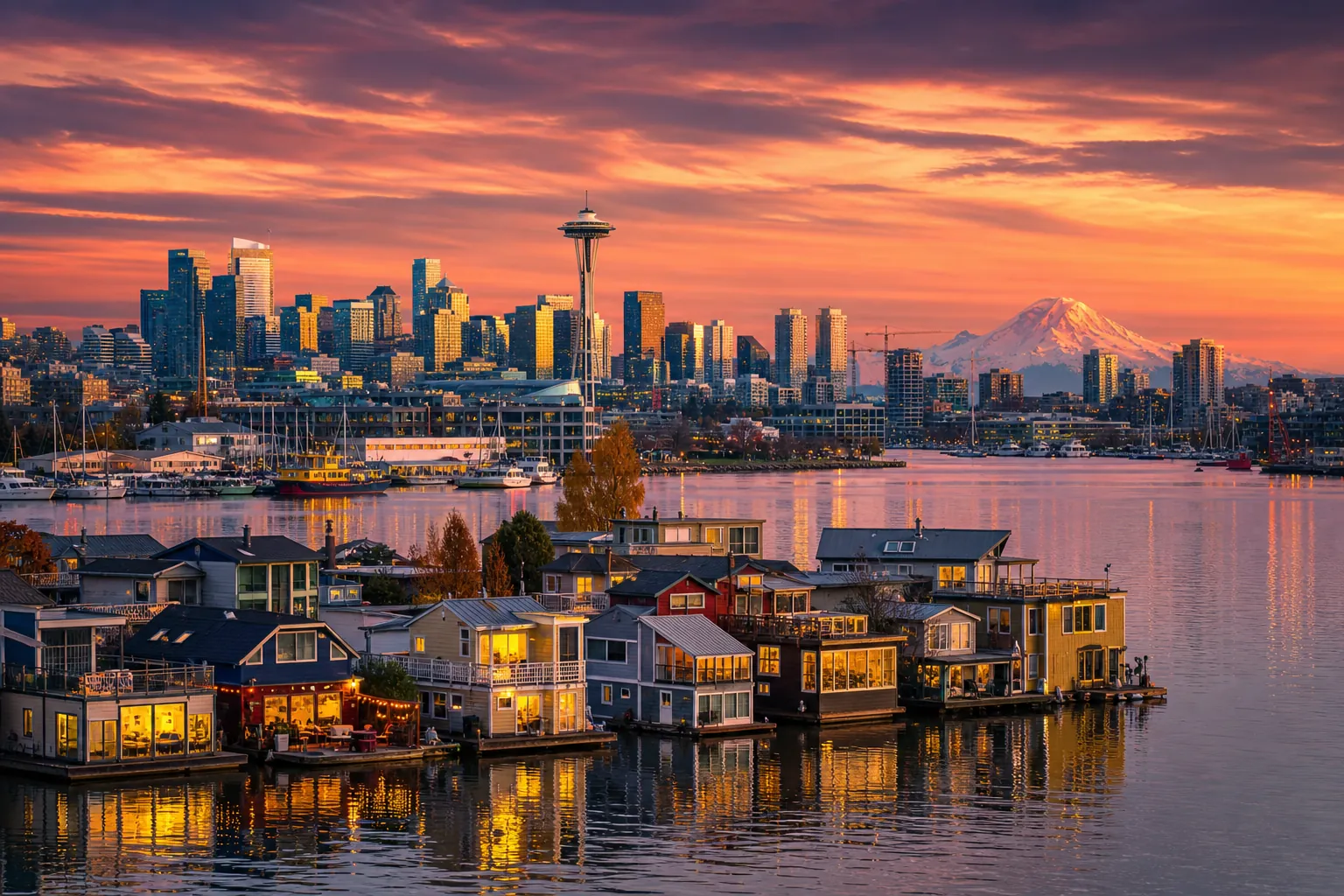 Seattle golden hour over water and parks