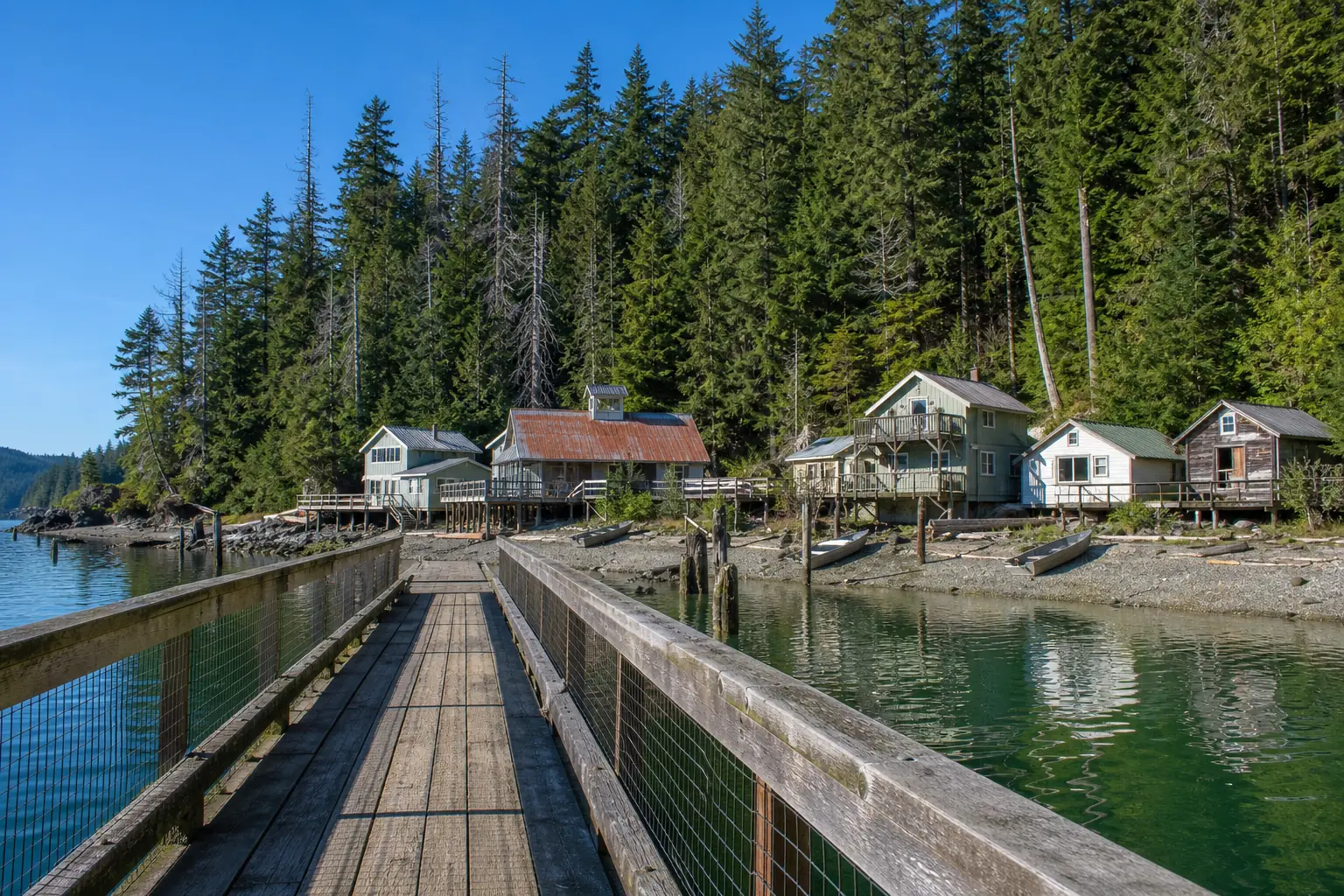 Illustration looking down a weathered timber pier toward a cluster of small waterfront cabins on a gravel beach at low tide, backed by a steep slope of tall firs above a calm forested inlet