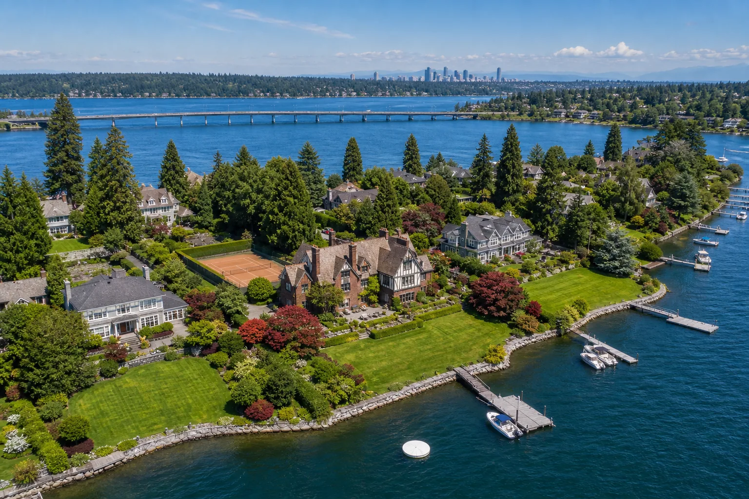 Illustration of a lakefront peninsula of large estate homes on manicured lawns running down to private docks, with a long bridge crossing the water and a distant city skyline beyond