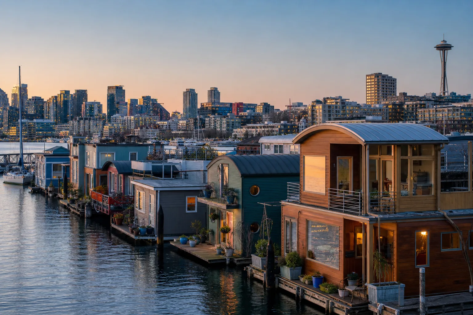 Floating homes along Lake Union docks at dusk
