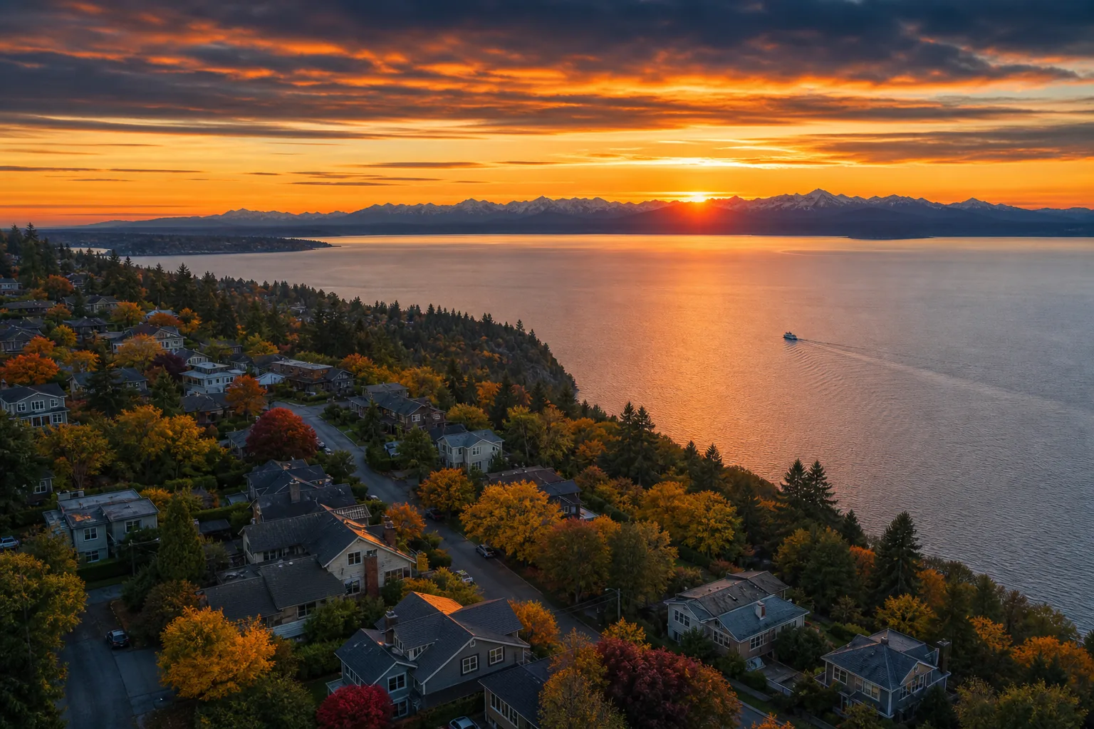 Illustration of a leafy bluff-top neighbourhood in autumn colour above a wide saltwater inlet at sunset, with a silhouetted mountain range on the far horizon
