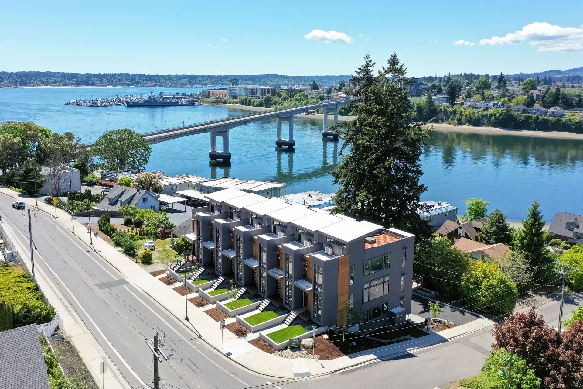 The ManetteView townhomes on Wheaton Way above the Manette Bridge and Port Washington Narrows, Bremerton