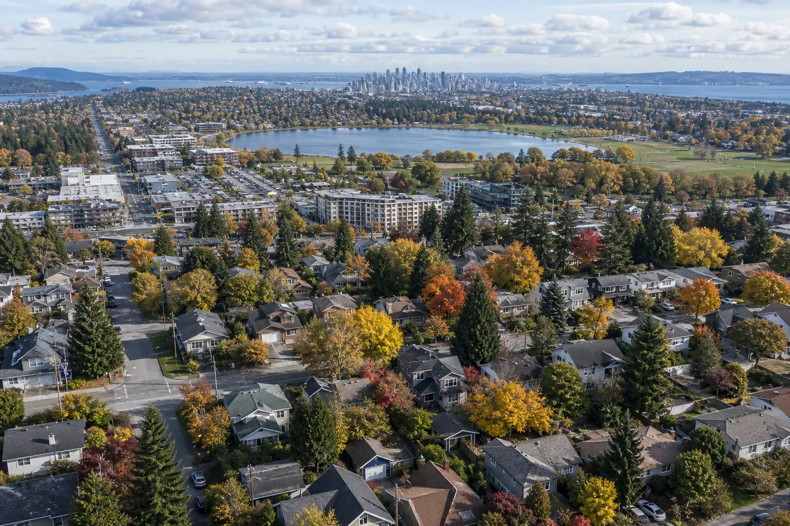 Aerial illustration of a hillside residential neighbourhood in full autumn colour, its streets of pitched-roof houses running down past low apartment blocks to a lake, with a distant downtown skyline and open water on the horizon
