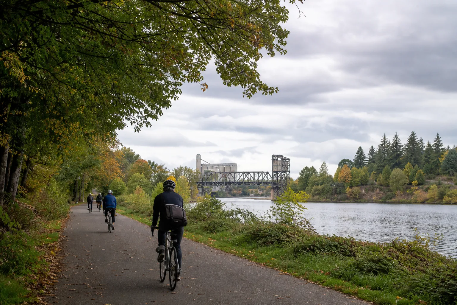 Cyclists on the Burke-Gilman trail by the Ship Canal