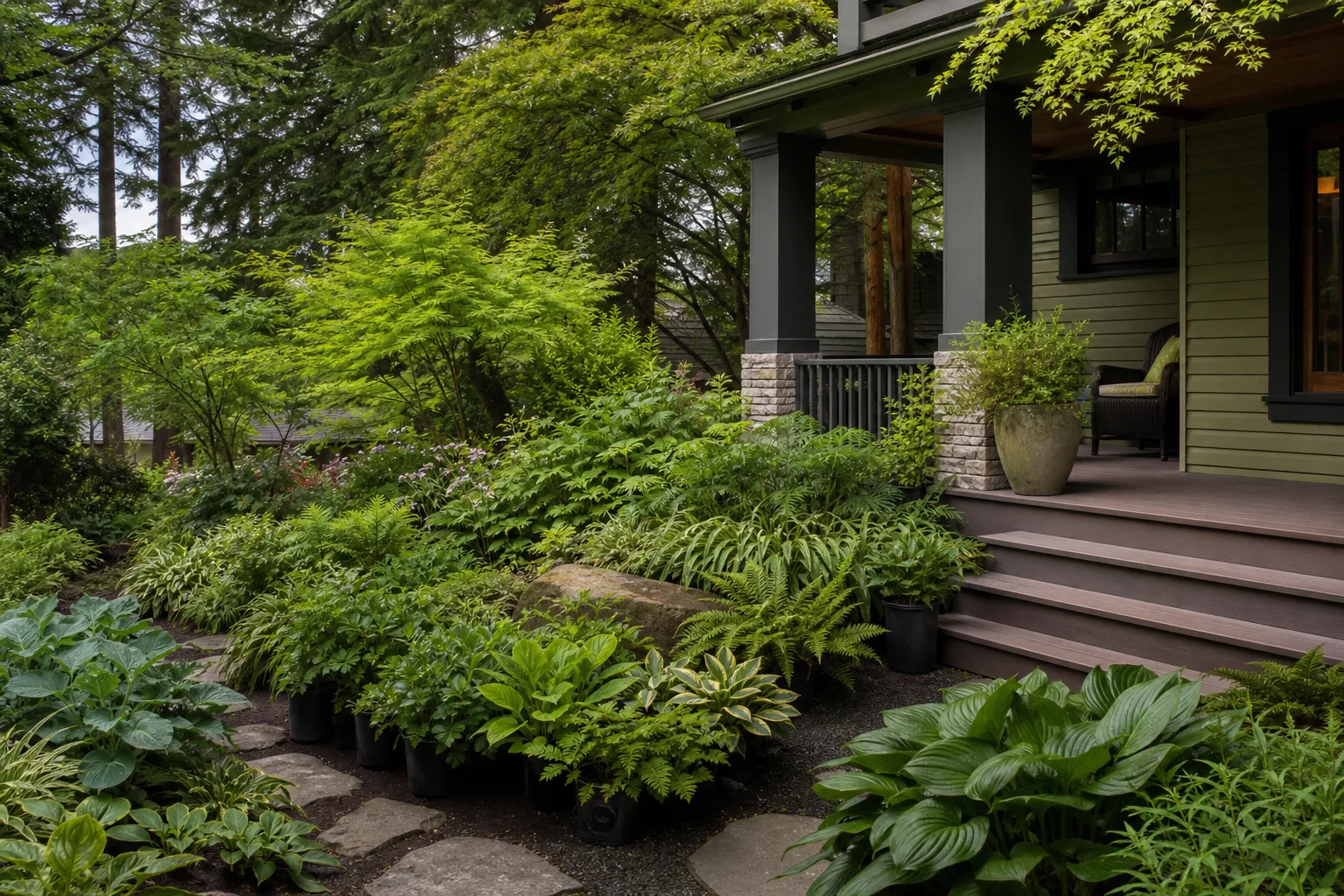 Lush Pacific Northwest garden beds beside a porch