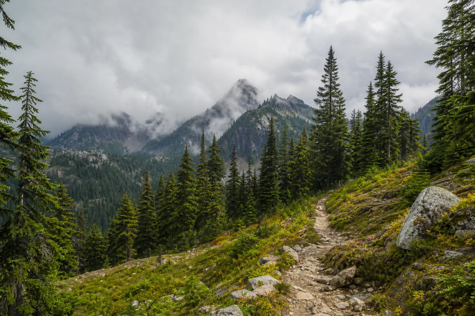 Pacific Northwest Cascade day-hike trail toward peaks