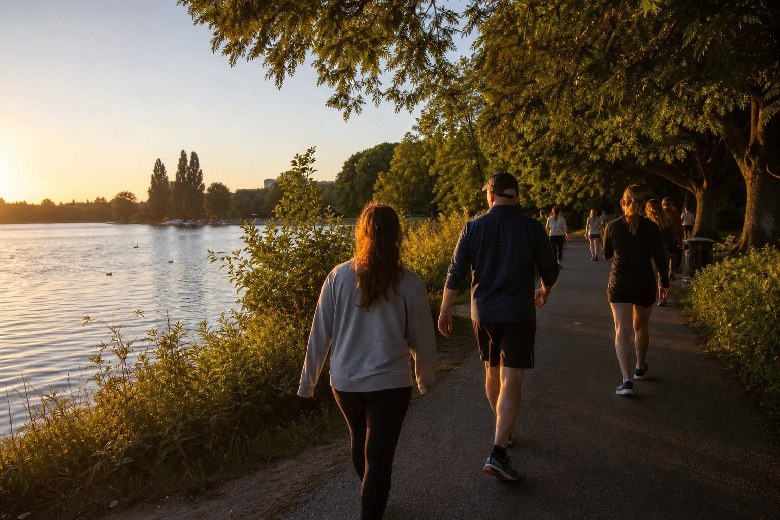 Walkers on the Green Lake loop path at golden hour