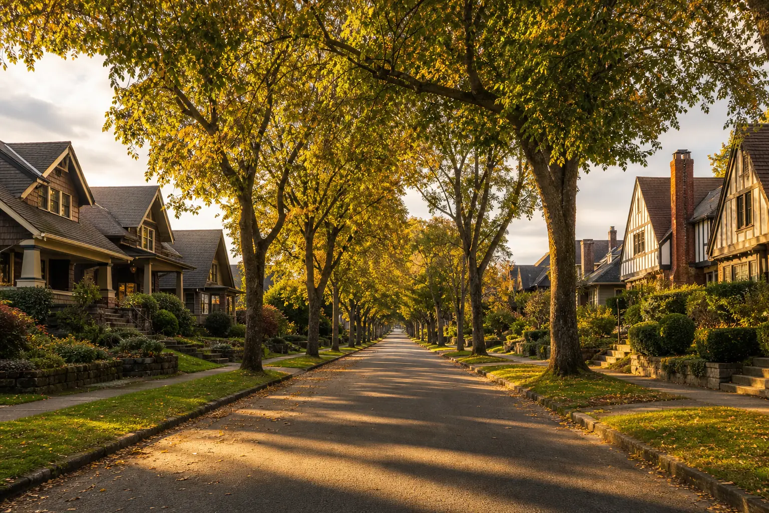 Illustration of a quiet residential street under a canopy of mature trees in early autumn colour, lined with shingled craftsman bungalows and half-timbered Tudor homes above terraced front gardens