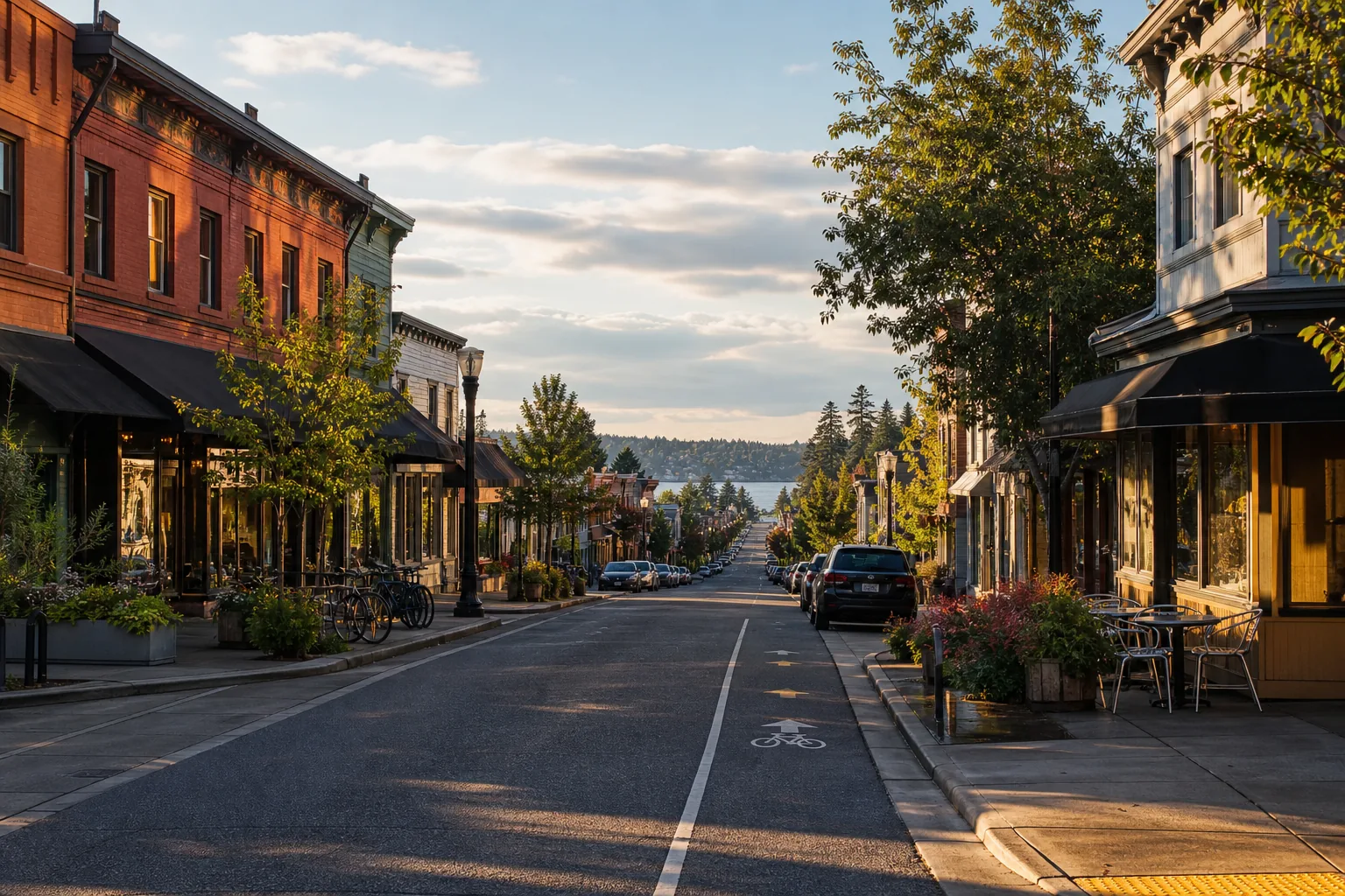 Illustration of a walkable neighbourhood main street of two-storey brick and painted-wood shopfronts under awnings, with street trees, a marked bike lane and a sliver of lake visible downhill beyond the buildings