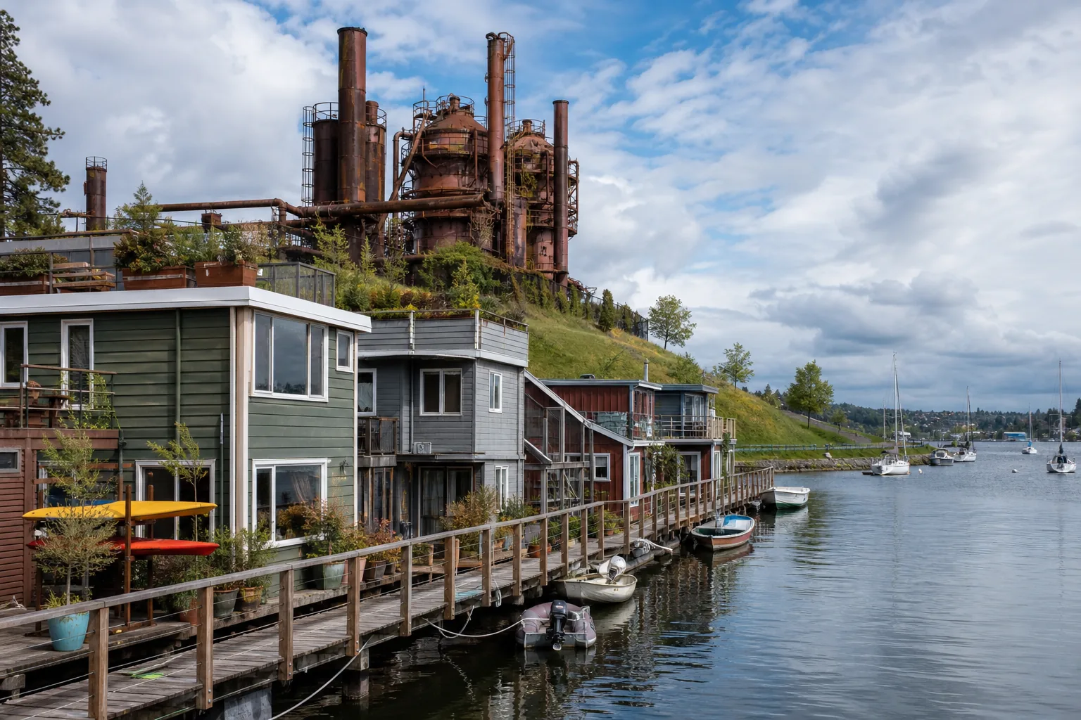 Illustration of a row of two-storey floating homes moored along a timber dock walkway on a city lake, with the rusted towers of a preserved gasworks on the grassy hill above and sailboats at anchor beyond